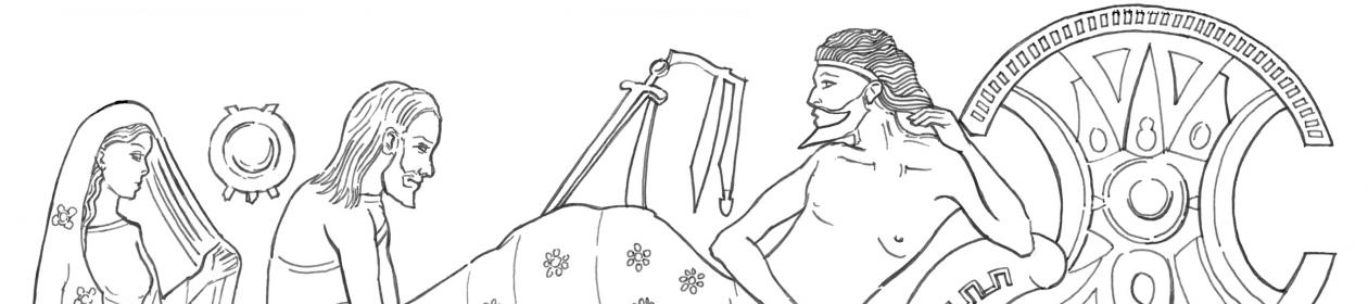 Line drawing of Priam and Polyxena begging for the return of Hector's body, which lies beneath the couch on which Achilles is reclining.