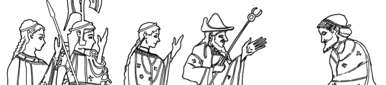 Line drawing of Paris judging the three goddesses: Hera, Athena and Aphrodite. Hermes is also present, holding a staff and approaching Paris.