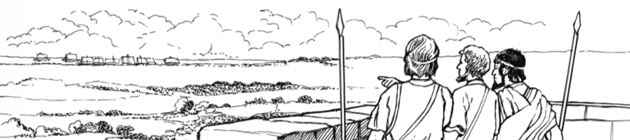 Line drawing of soldiers looking out from the city walls towards a fleet of ships arriving.