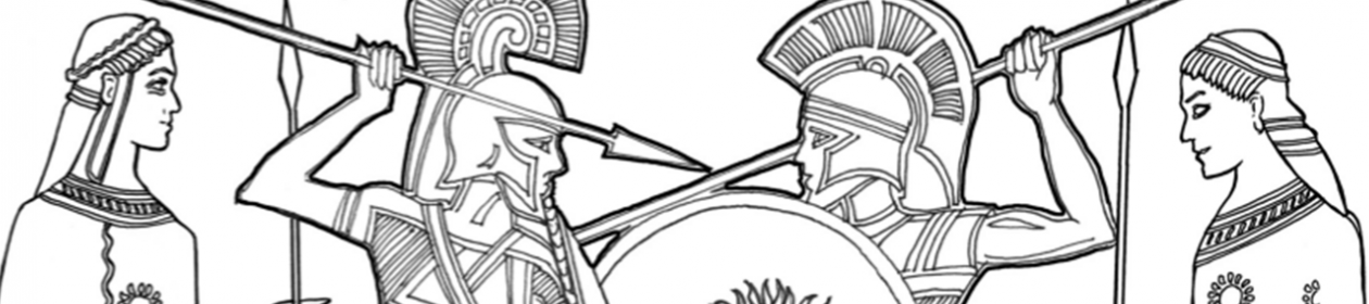 Line drawing of Menelaus duelling Paris. Both are wearing full hoplite armour, with goddess standing behind them on each side.