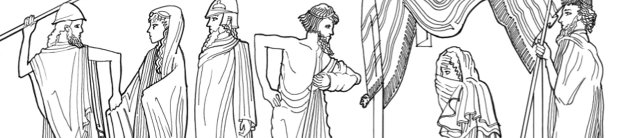 Line drawing of Briseis being taken away by soldiers. Achilles remains in his tent with his face covered.