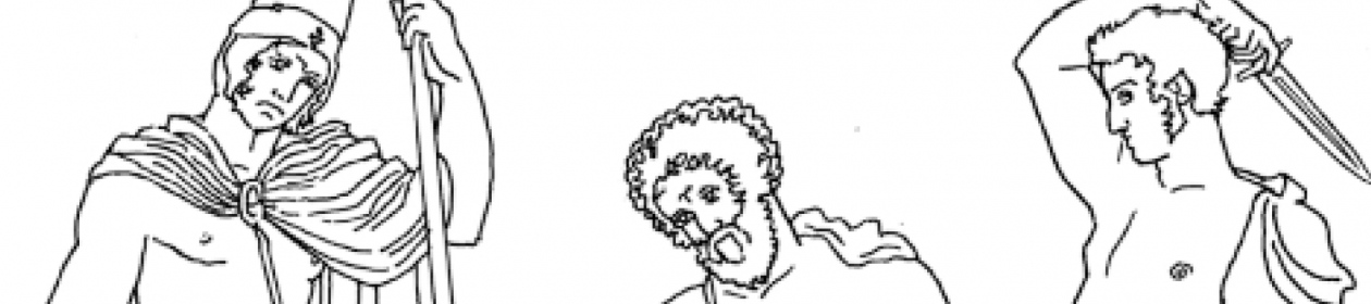 Line drawing of Odysseus in the Underworld consulting the ghost of Tiresias, who has come to drink the blood of the sacrificial lamb at Odysseus' feet.