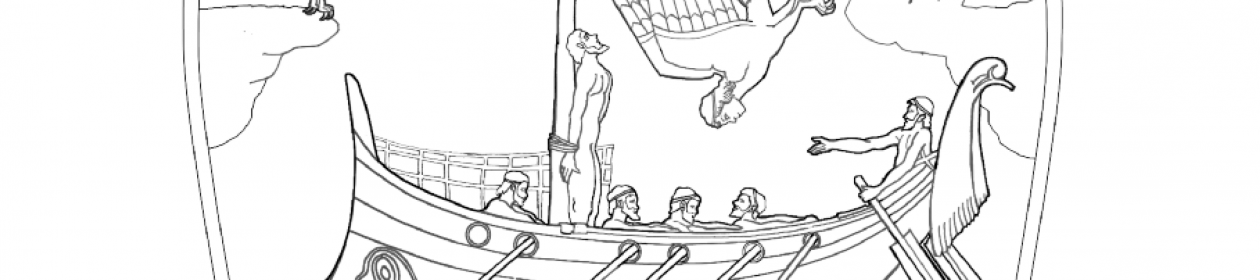 Line drawing showing Odysseus' ship, with Odysseus himself tied to the mast with ropes, being attacked by sirens with women's heads and brids' bodies.