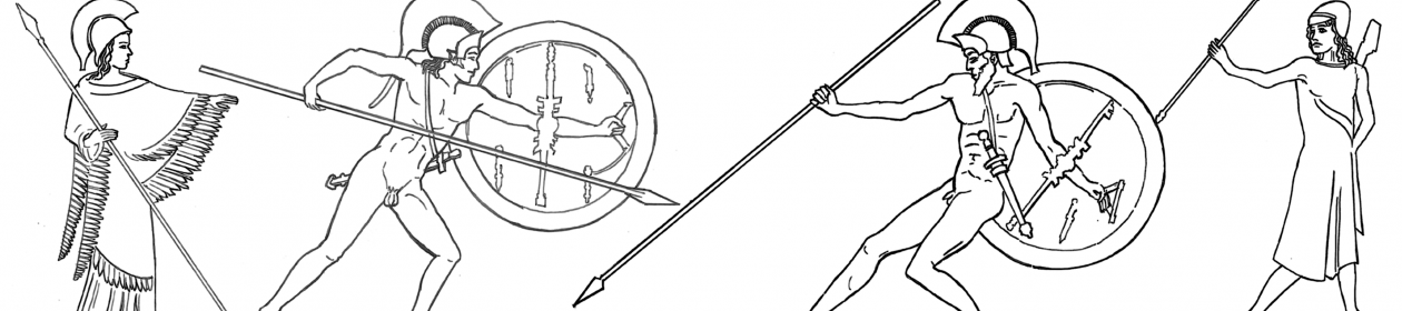 Line drawing of Achilles fighting Hector. Both are naked except for a helmet, spear, sword and shield, and each is supported by a god or goddess.