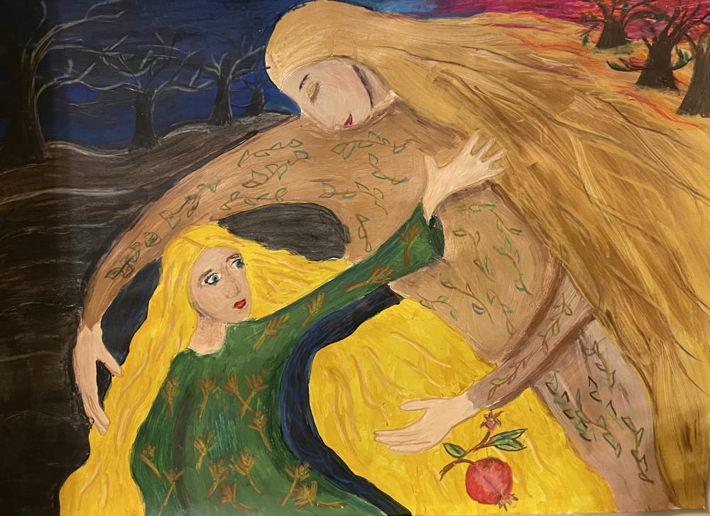 Drawing of two women with long flowing hair. One holds a pomegranate and helps the other up.