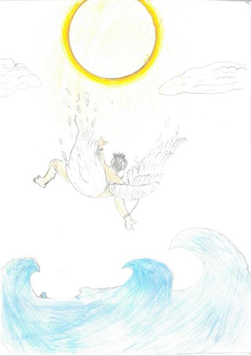 A coloured pencil sketch showing Icarus in the moment of plummeting to his death, hot sun above and angry waves below. The figure of Icarus is captured with an unusual level of dynamism and pathos.