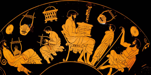 Detail from an Ancient Greek kylix or wine cup, depicting scenes of education: on the left, a bearded man teaches a boy how to play a 'barbition', an instrument like a lyre; in the centre, a man unrolls a scroll, while a boy and another man look on.